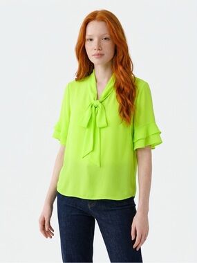 New York & Company Lime Green Tie Blouse